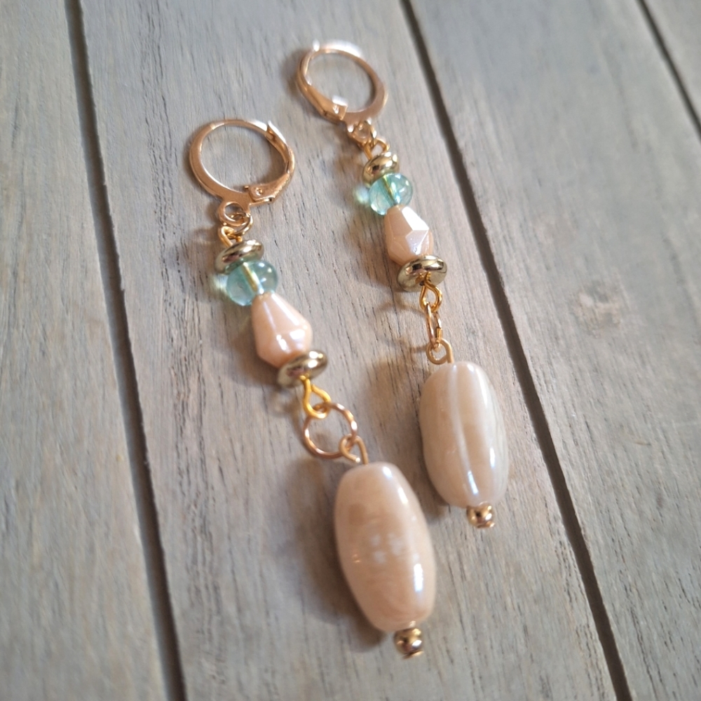 Gold Plated Dangle Earrings Coastal Beachy Soft Jewelry Gifts Boho Blue Artsy - Picture 3 of 6